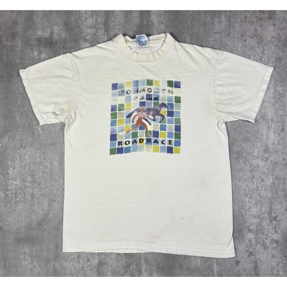 Vintage 90s Hanes Monmouth Park Horse Racing Roadrace Promo T Shirt White Men M